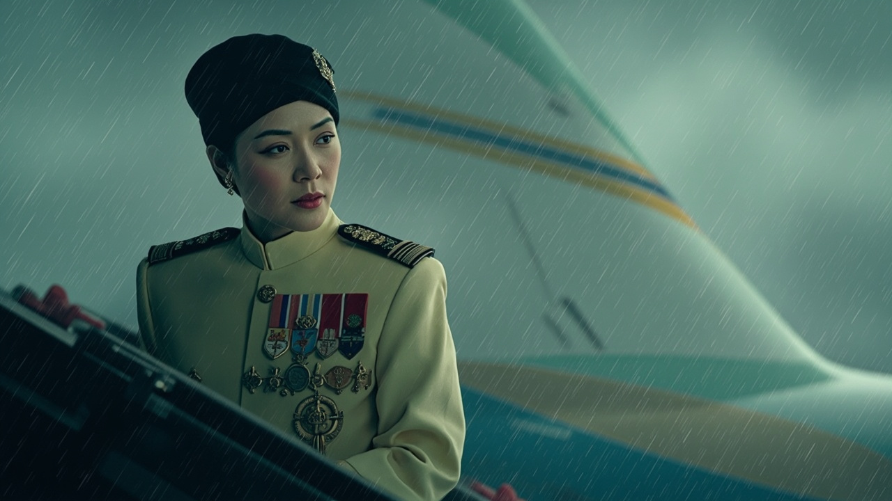 泰王与王后冒雨乘机出访越南的新闻画面